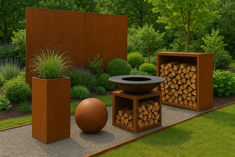 Garten mit rustikalem Design, Holzregalen, einer Feuerschale und dekorativen Elementen.